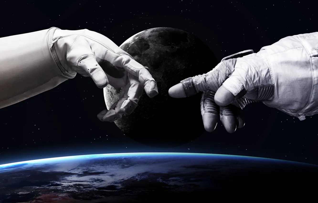 Photo wallpaper Stars, The moon, The suit, Space, Earth, Costume, Hands, Moon