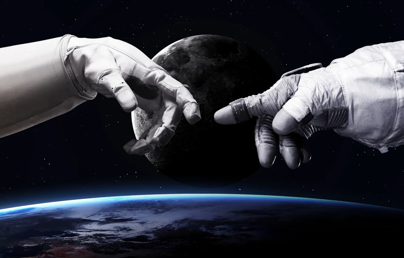 Photo wallpaper space, stars, earth, the moon, hands, the suit, art, costume