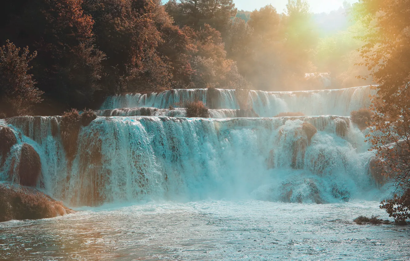 Photo wallpaper light, trees, waterfall, stream