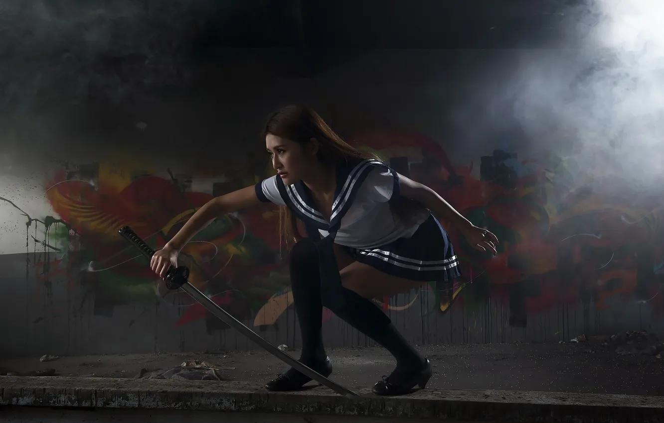 Photo wallpaper girl, weapons, sword