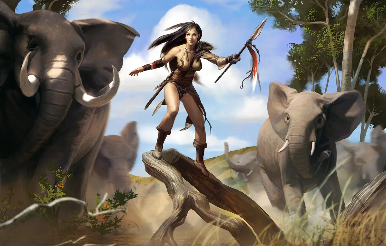 Photo wallpaper girl, elephant, warrior, Savannah, spear, warrior, hunter, Magic The Gathering