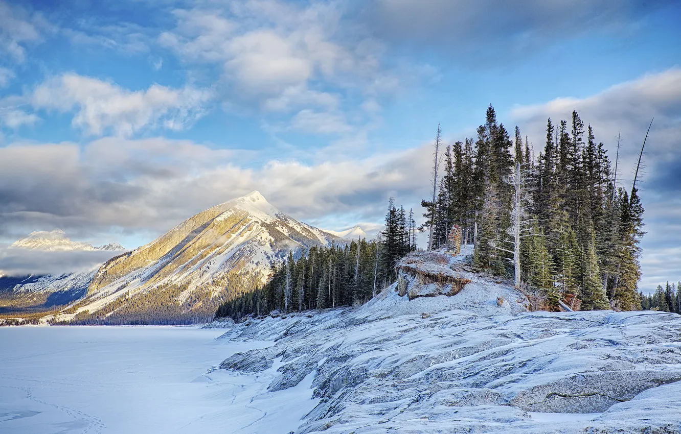 Photo wallpaper ice, winter, the sky, snow, trees, mountains, lake, rocks