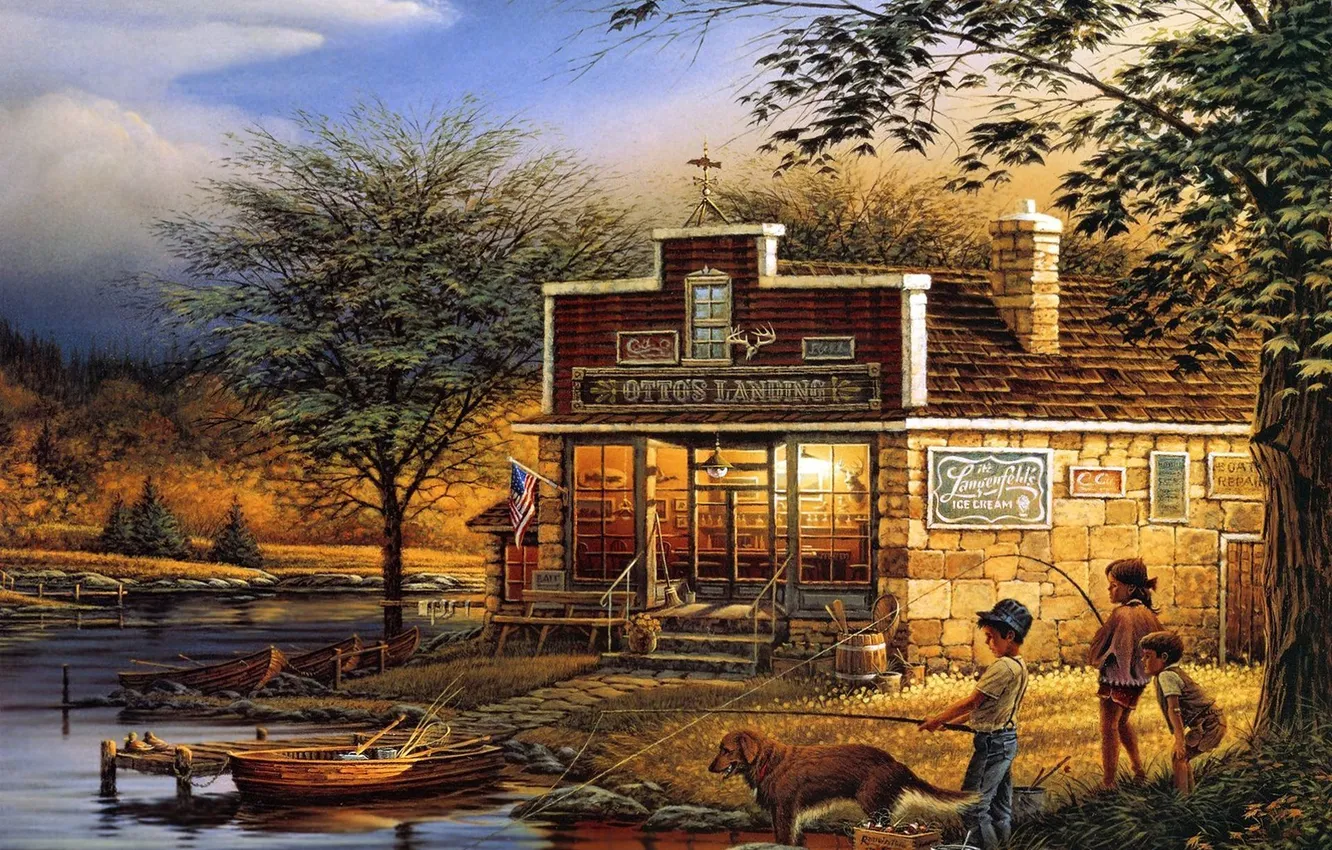 Photo wallpaper nature, children, river, shore, boat, Terry Redlin