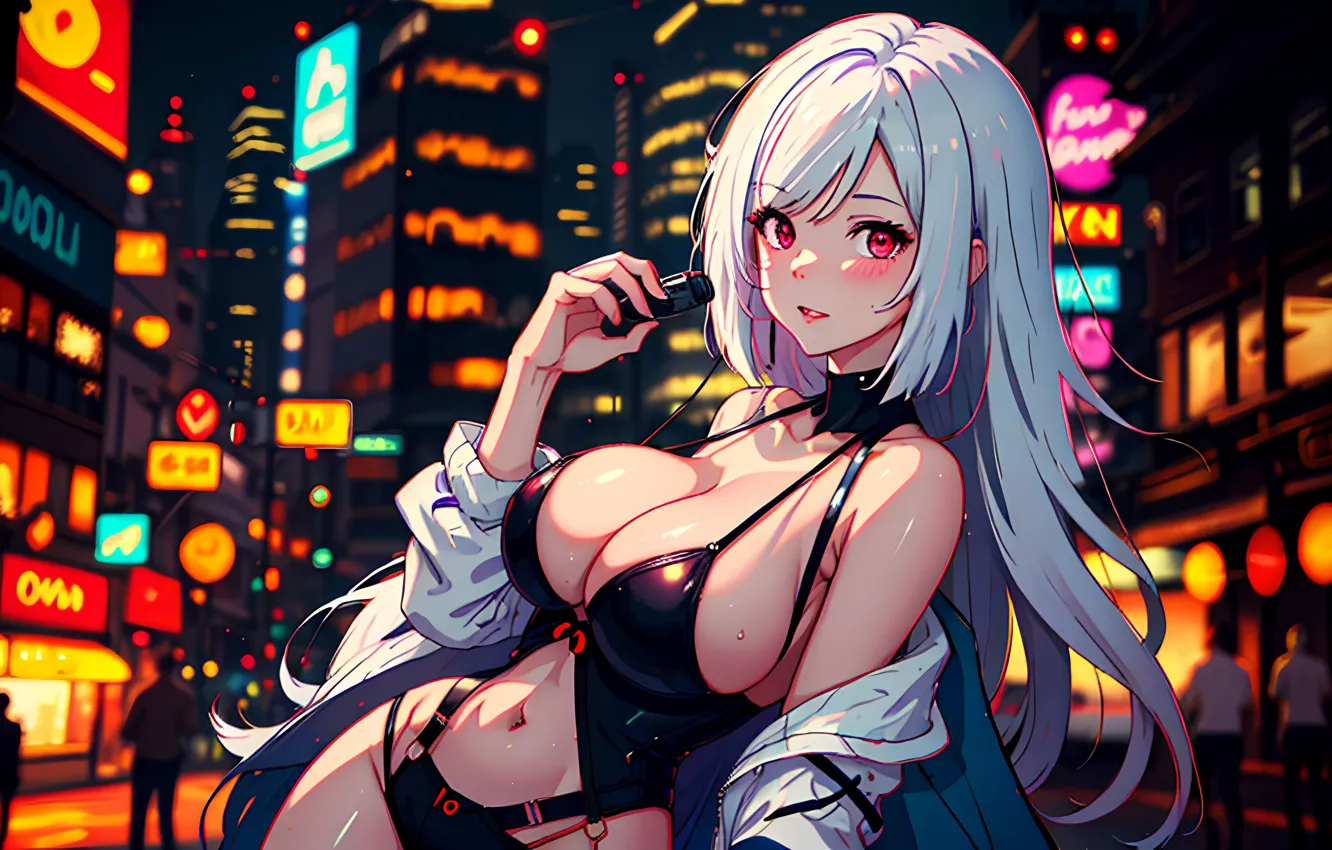 Photo wallpaper cleavage, pink hair, long hair, anime girls, white hair, Big boobs, Cyberpunk, looking at viewer