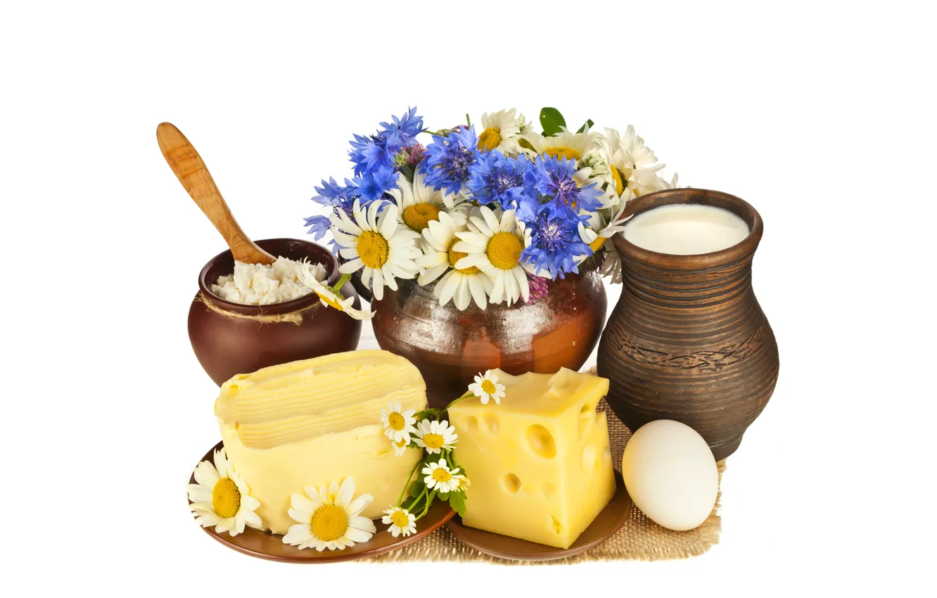 Photo wallpaper flowers, egg, oil, chamomile, bouquet, cheese, milk, saucers