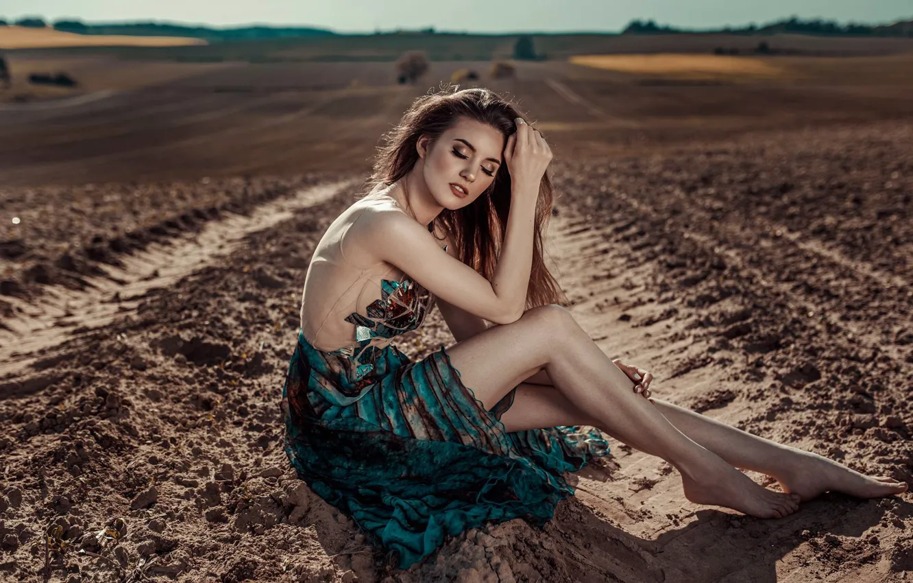 Photo wallpaper field, pose, mood, dress, arable land, Damian Feather, Natalia Szałagan