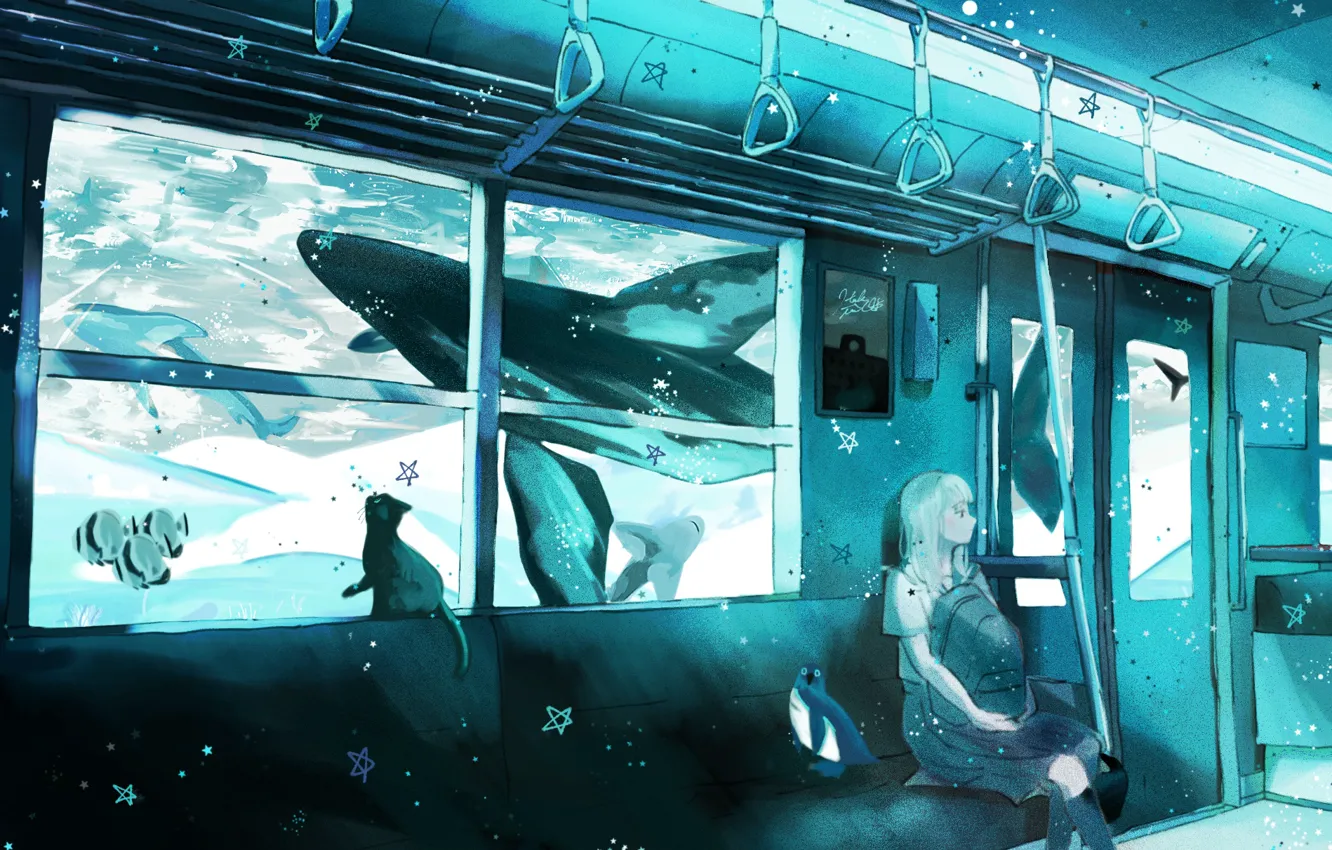 Photo wallpaper cat, girl, train, fantasy, penguin, under water