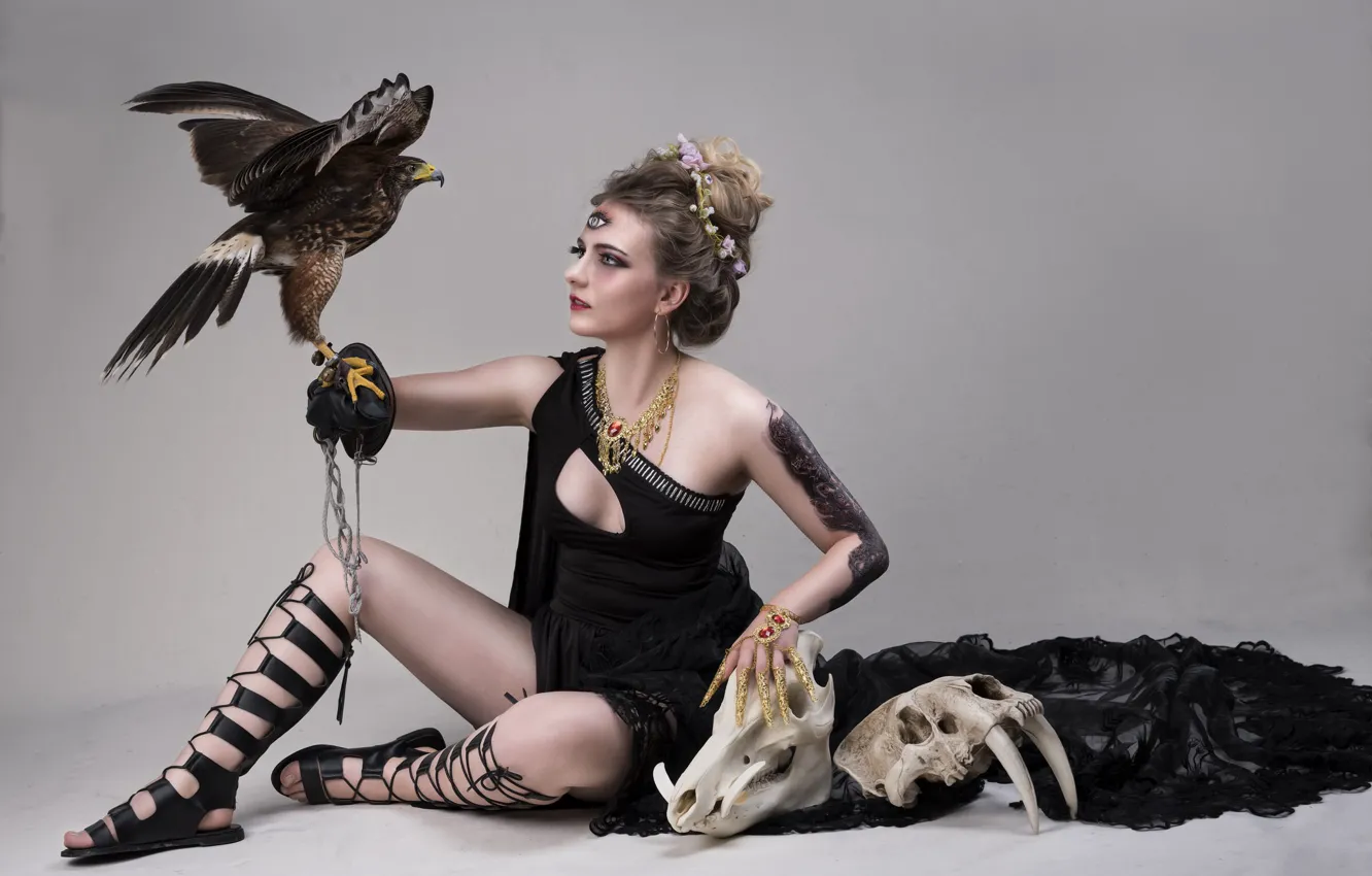 Photo wallpaper girl, bird, skull