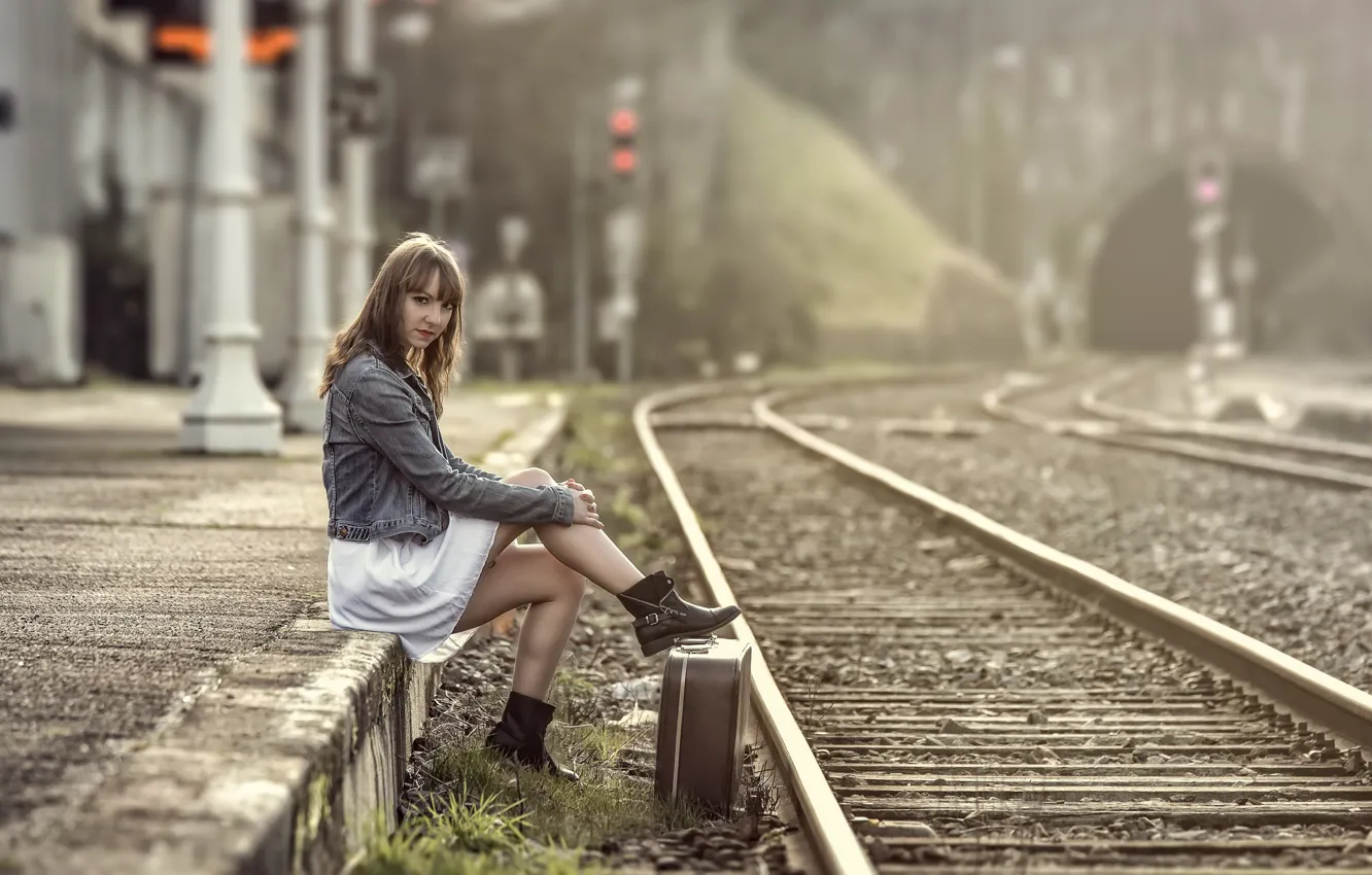 Photo wallpaper girl, railroad, suitcase