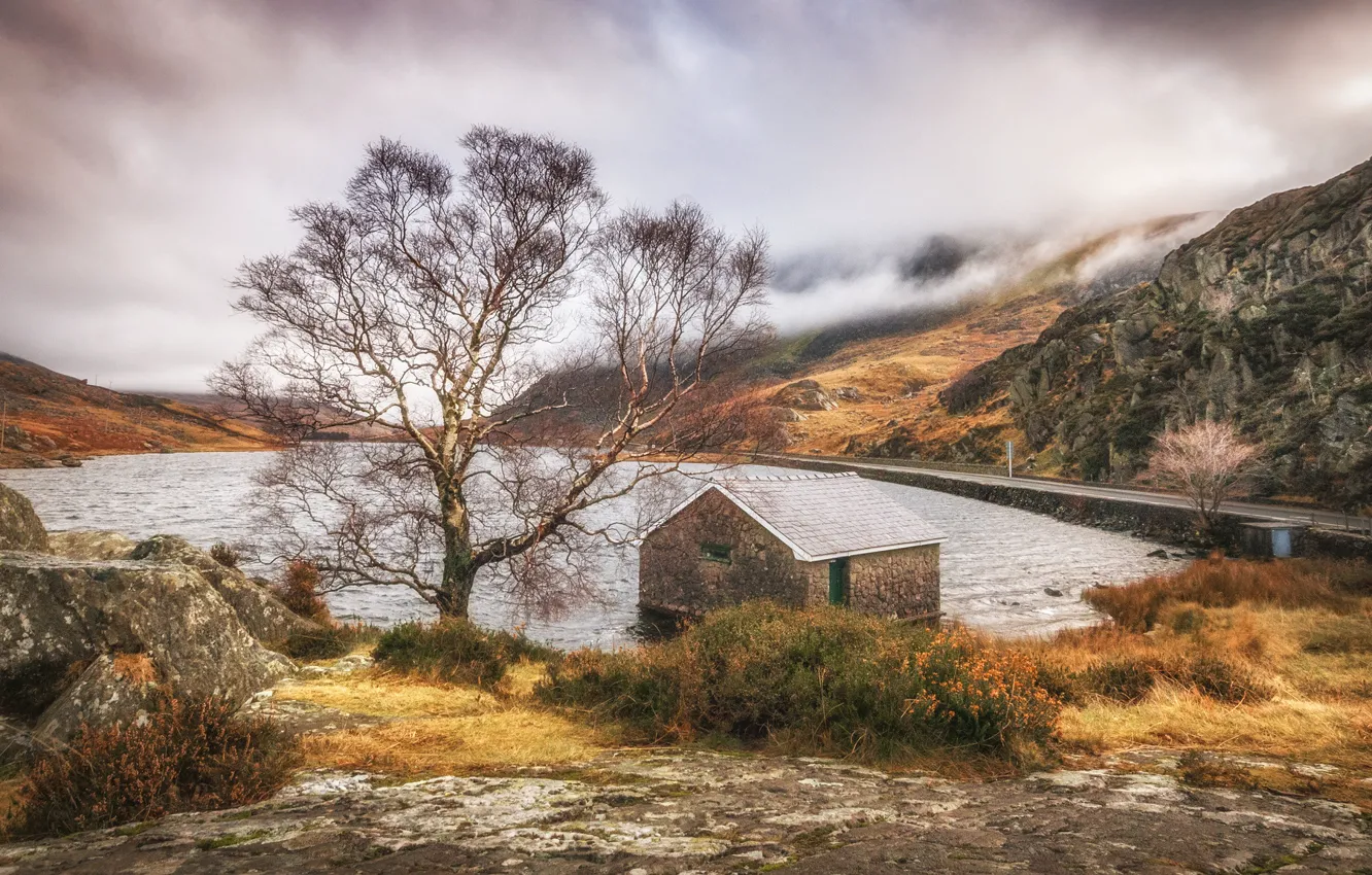 Photo wallpaper mountains, lake, house, stones, tree, Wales
