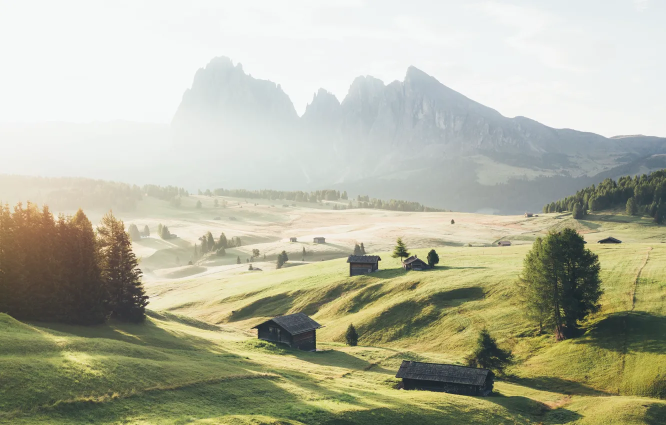 Photo wallpaper mountains, morning, haze, September