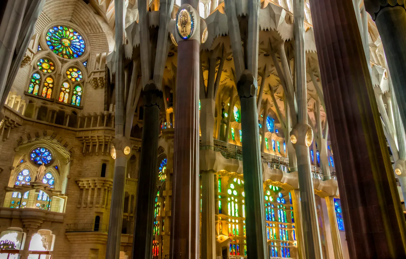 Photo wallpaper columns, stained glass, Spain, religion, Barcelona, The Sagrada Familia