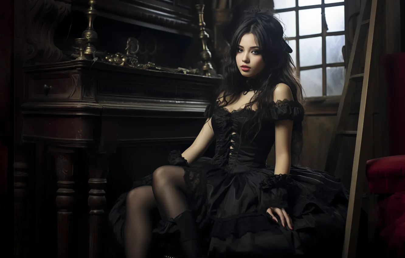 Photo wallpaper look, girl, style, the dark background, room, Gothic, furniture, makeup