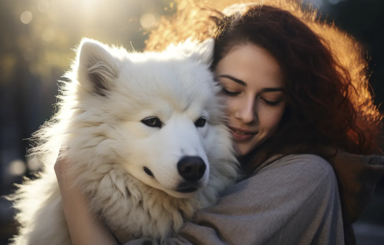 Photo wallpaper shoulders, white, neural network, portrait, dog, weasel, hugs, light