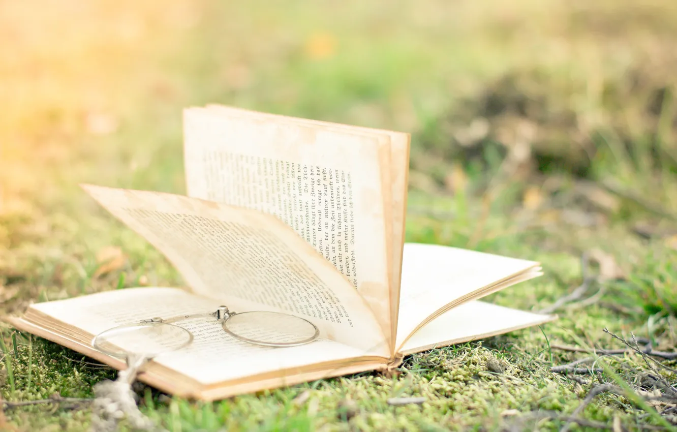 Photo wallpaper grass, nature, blur, glasses, book, page