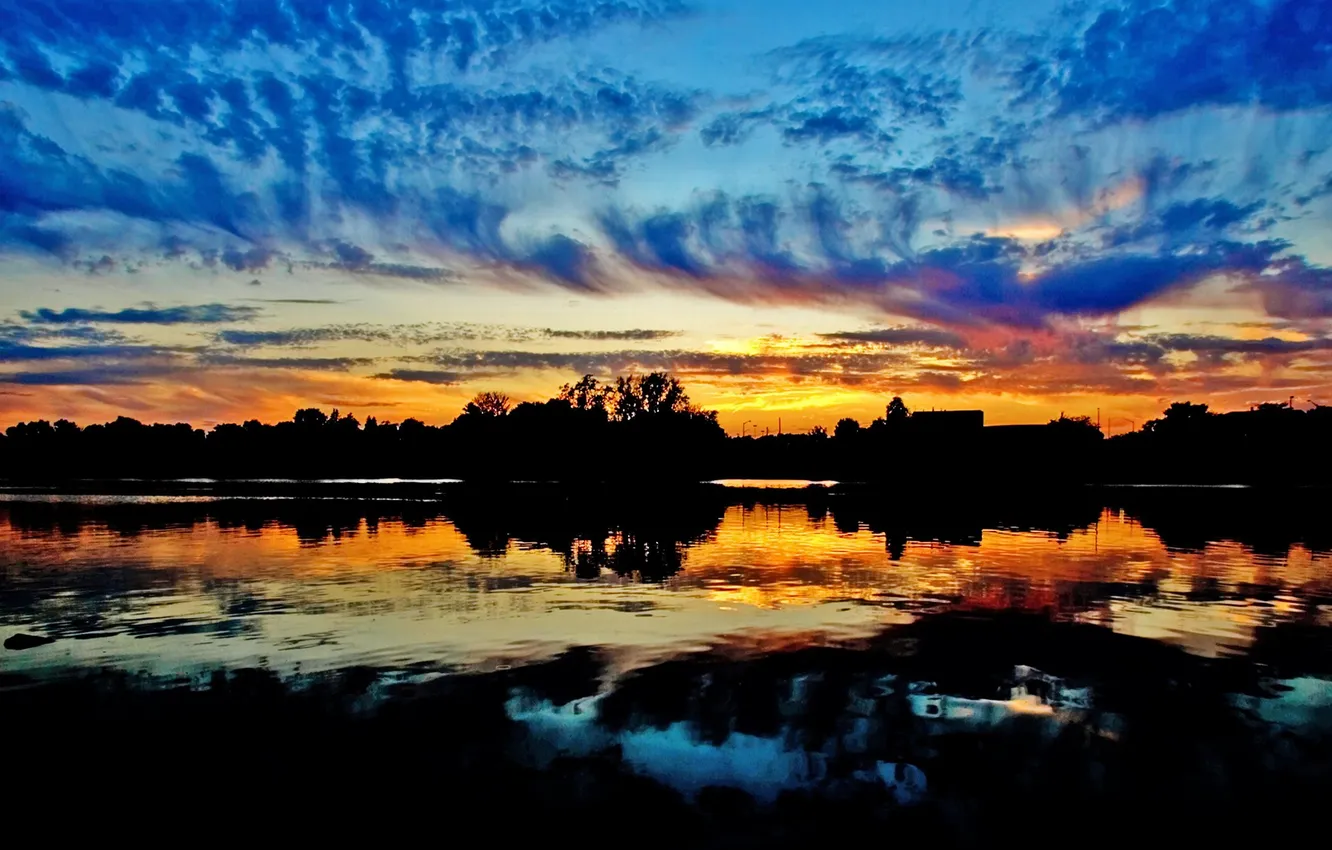 Photo wallpaper sky, sunset, clouds, lake