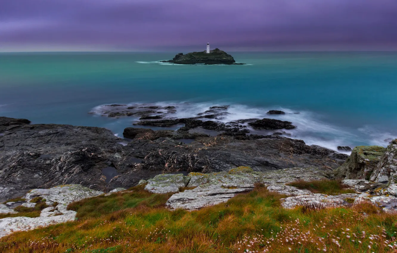 Photo wallpaper sea, clouds, island, England, lighthouse Godrevy
