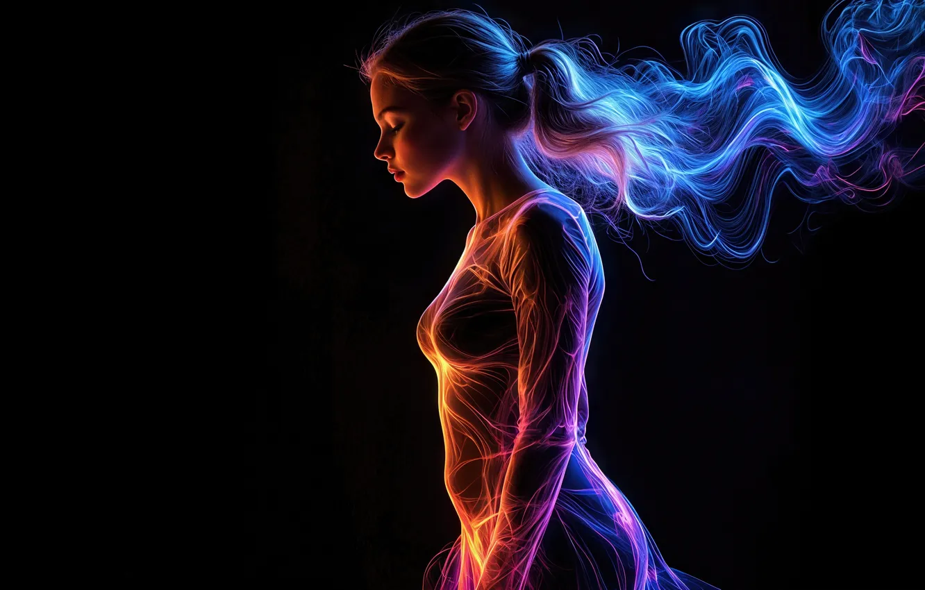 Photo wallpaper light, lines, female, silhouette, profile, neon