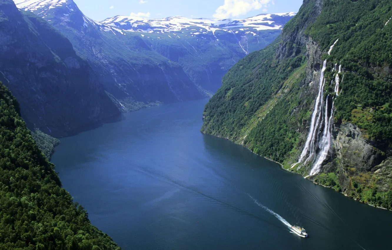 Photo wallpaper forest, snow, mountains, waterfall, Norway, boat, the fjord