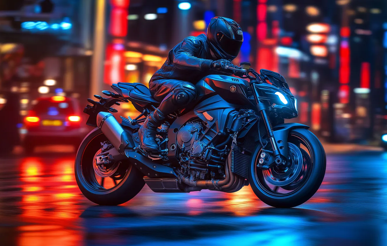 Photo wallpaper night, city, the city, colorful, motorcycle, driver, motorcycle, city lights