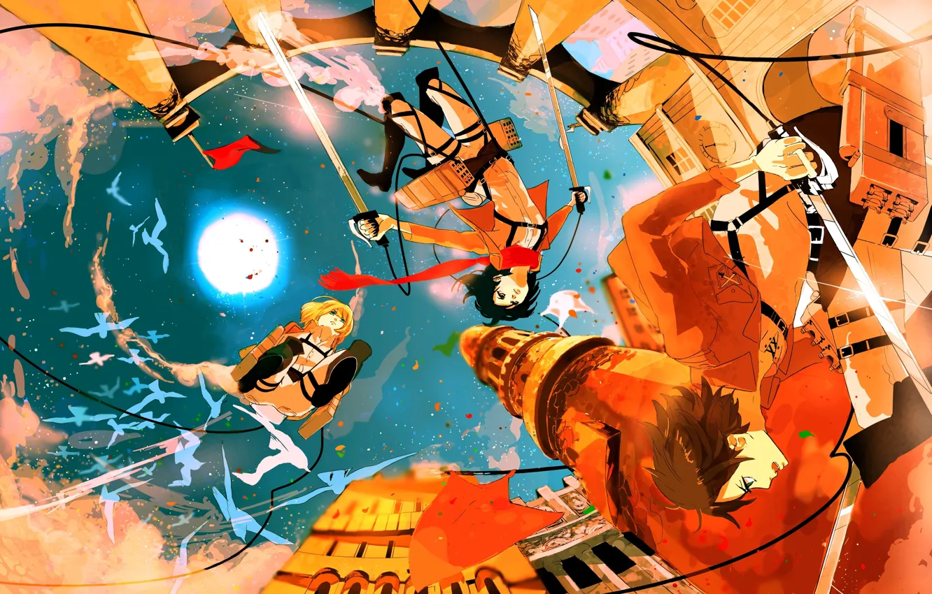 Photo wallpaper flight, the city, warriors, shingeki no kyojin, Attack on Titan, The Invasion Of The Titans