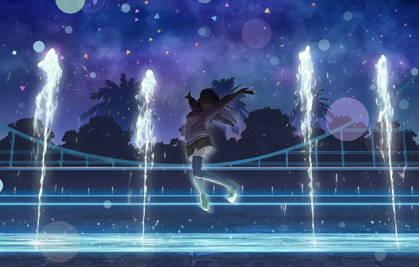 Photo wallpaper the sky, girl, stars, clouds, night, anime, art, fountain