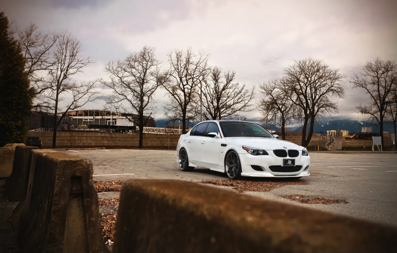 Photo wallpaper autumn, white, leaves, trees, BMW, BMW, the fence, Parking