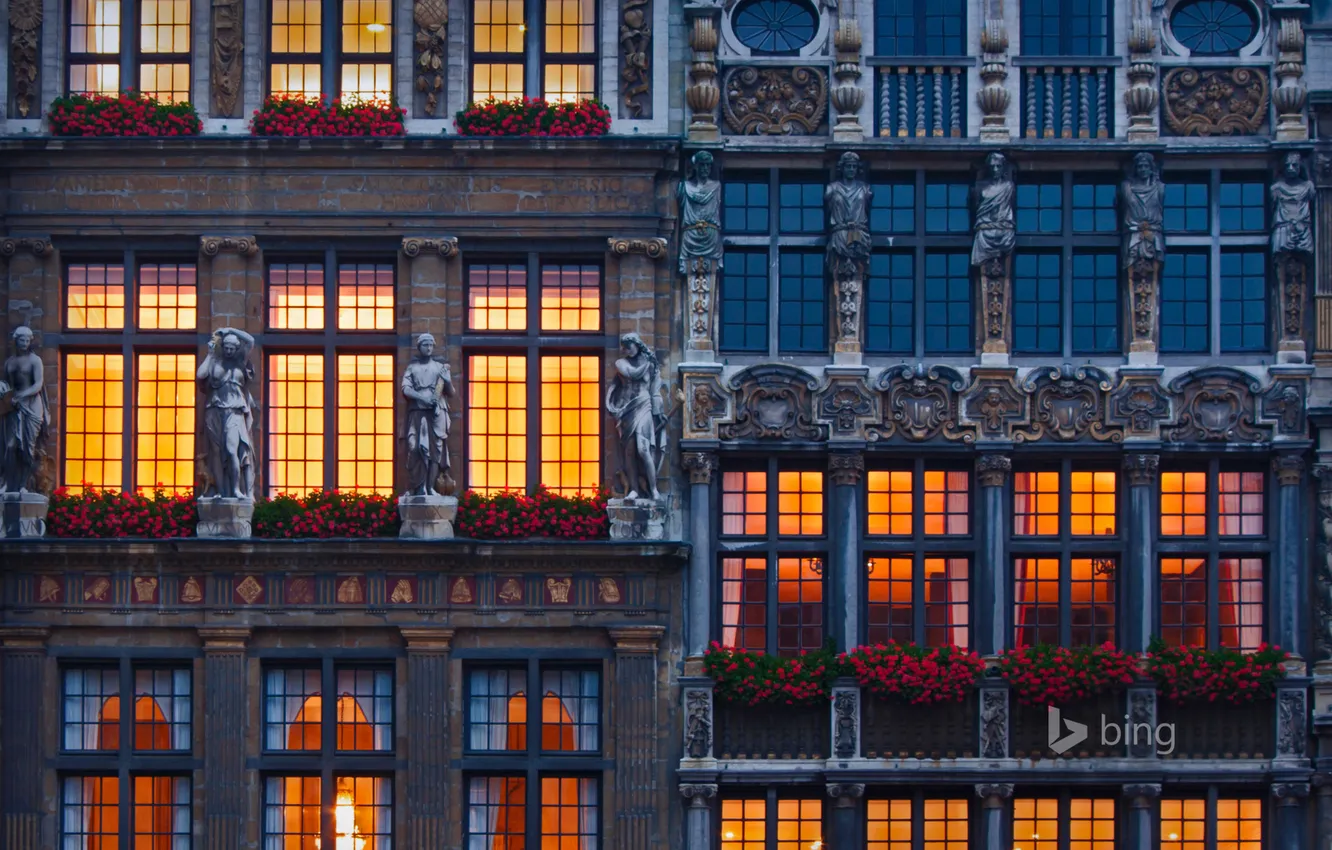 Photo wallpaper flowers, Windows, home, Belgium, Brussels, sculpture, market square, The Grand Place