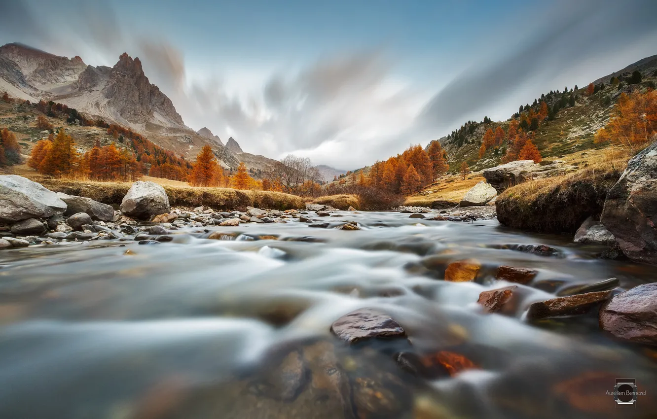 Photo wallpaper autumn, mountains, river, stones, stream, Alps