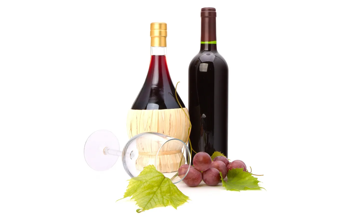Photo wallpaper leaves, wine, glass, grapes, white background, bottle
