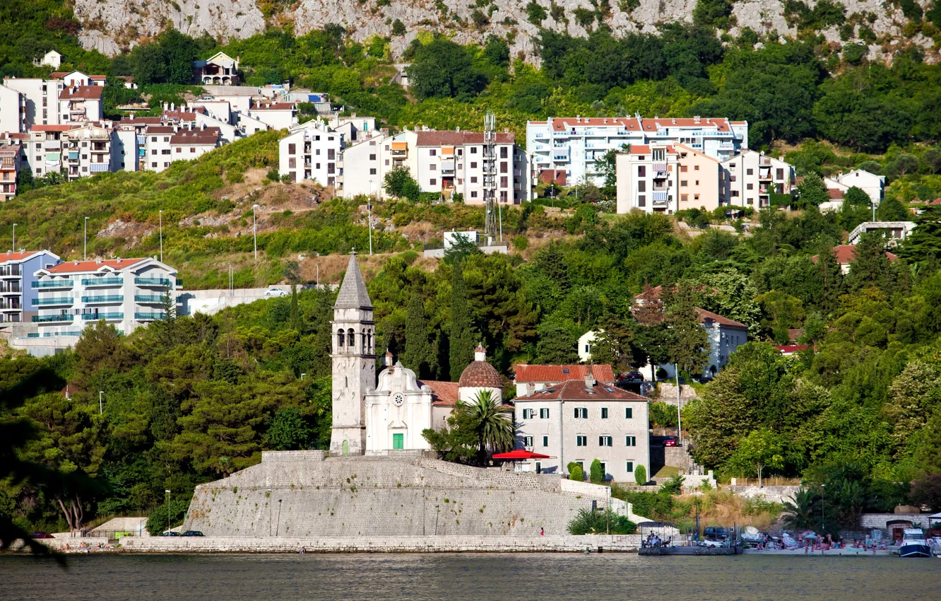 Photo wallpaper trees, landscape, rocks, coast, home, Bay, Montenegro, To