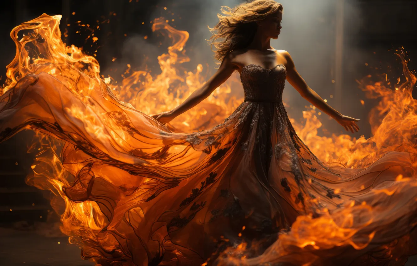 Photo wallpaper Girl, Fire, Dress, Digital art, AI art, The Art of Artificial Intelligence, Neural network