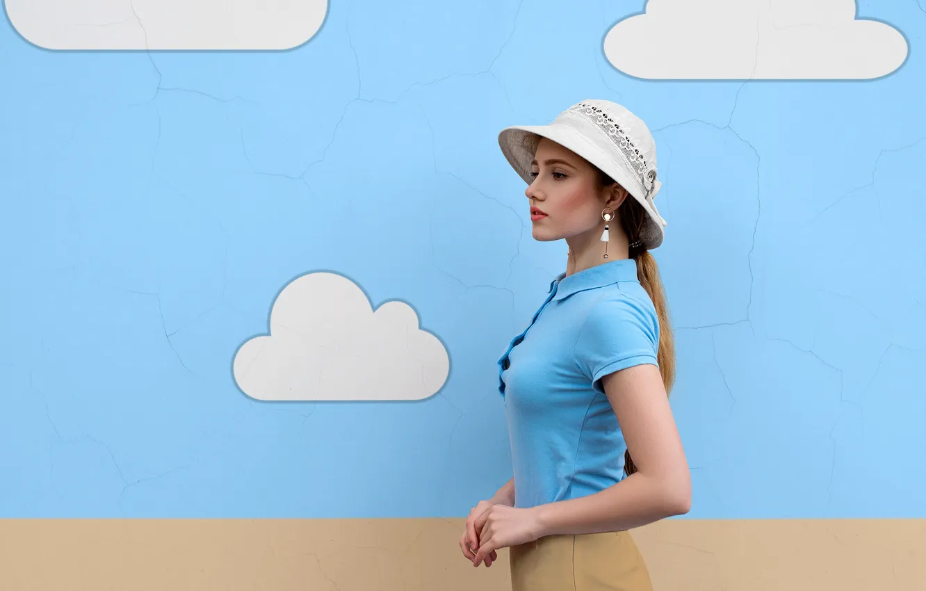 Photo wallpaper the sky, clouds, pose, background, model, skirt, portrait, makeup