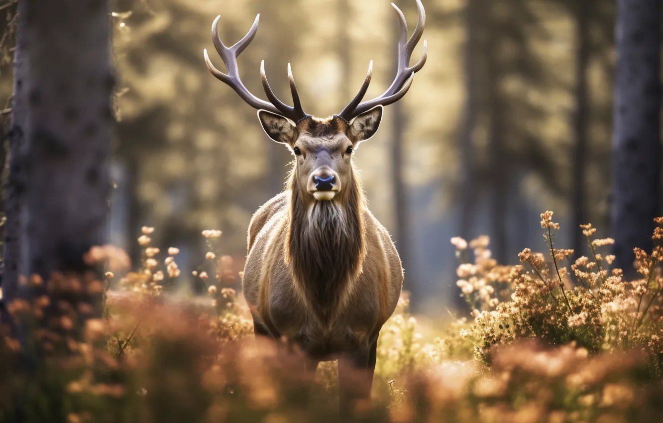 Photo wallpaper forest, flowers, nature, deer, AI art, neural network