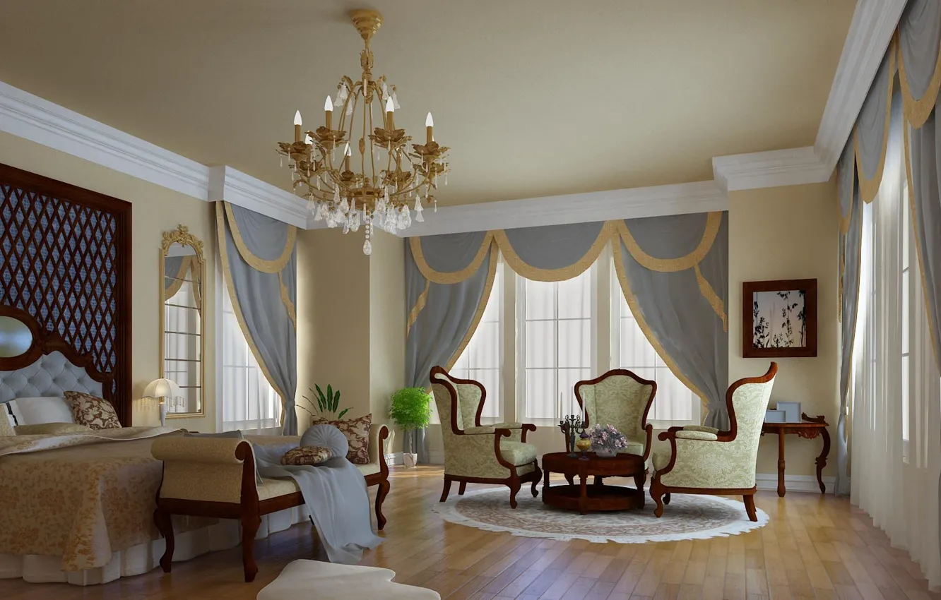 Photo wallpaper design, style, room, furniture, Windows, bed, interior, mirror