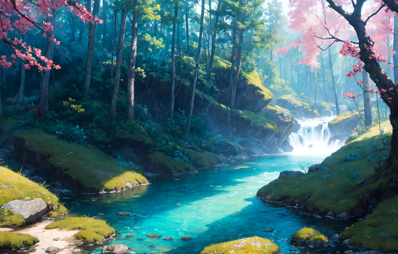 Photo wallpaper forest, river, landscape, nature