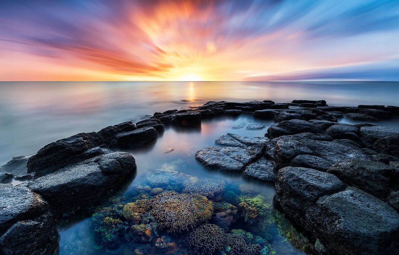 Photo wallpaper sea, the sky, the sun, clouds, rays, sunset, stones, dawn