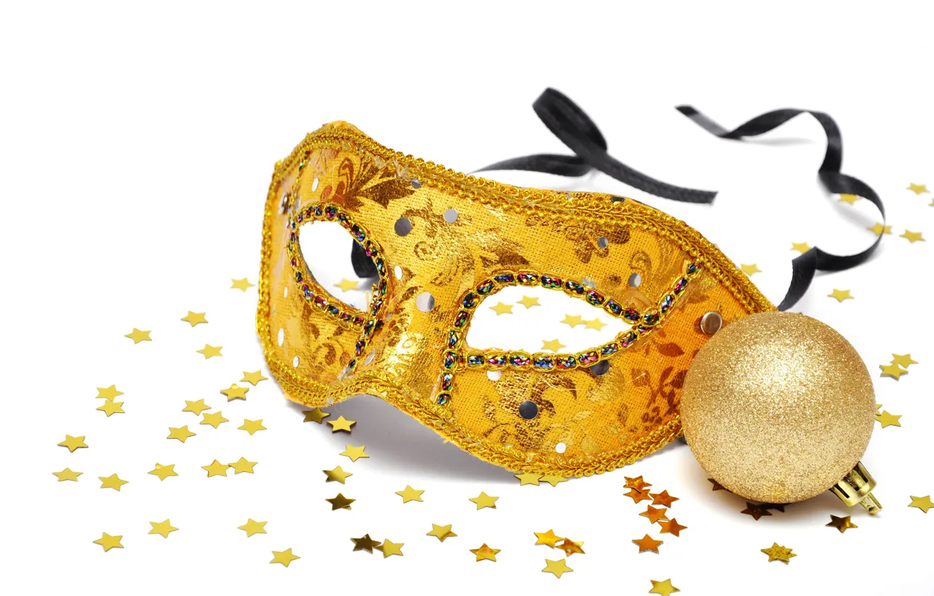 Photo wallpaper balls, new year, mask, gold, stars