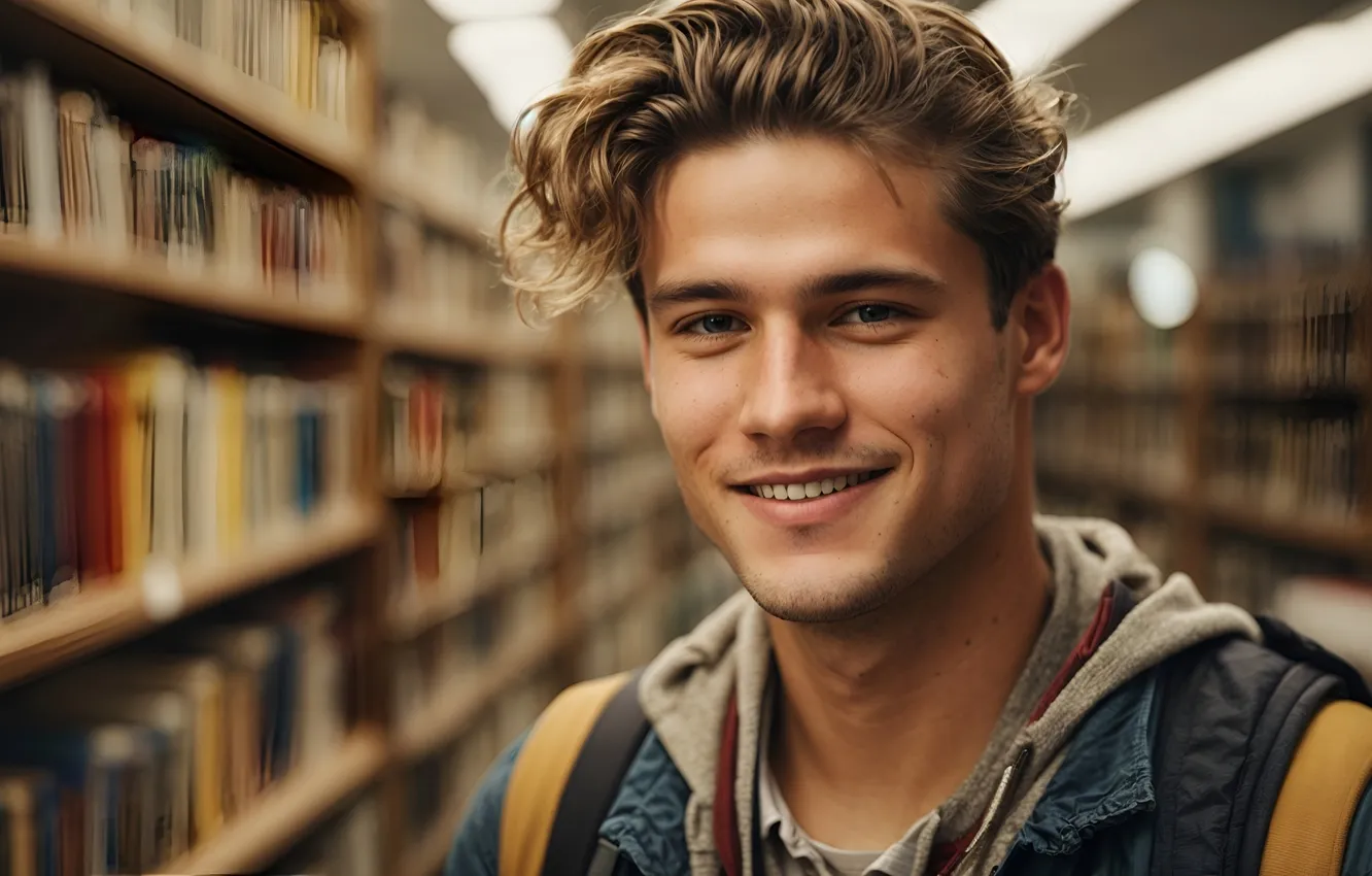Photo wallpaper smile, library, guy