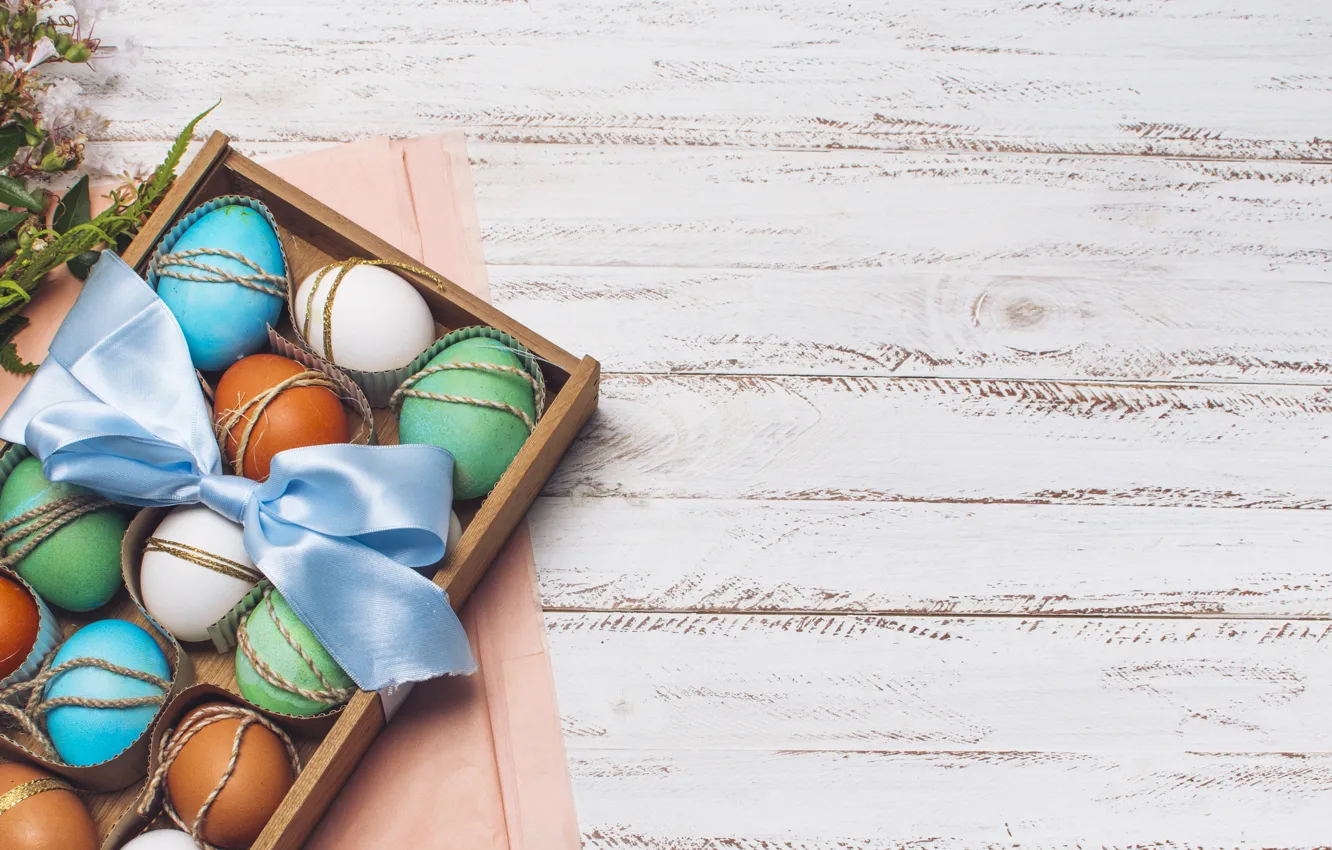 Photo wallpaper holiday, Board, eggs, spring, rope, Easter, box, light background