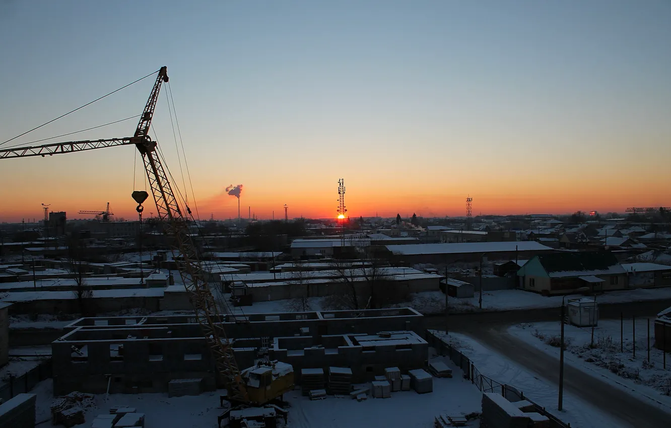 Photo wallpaper sunset, crane, industrial zone