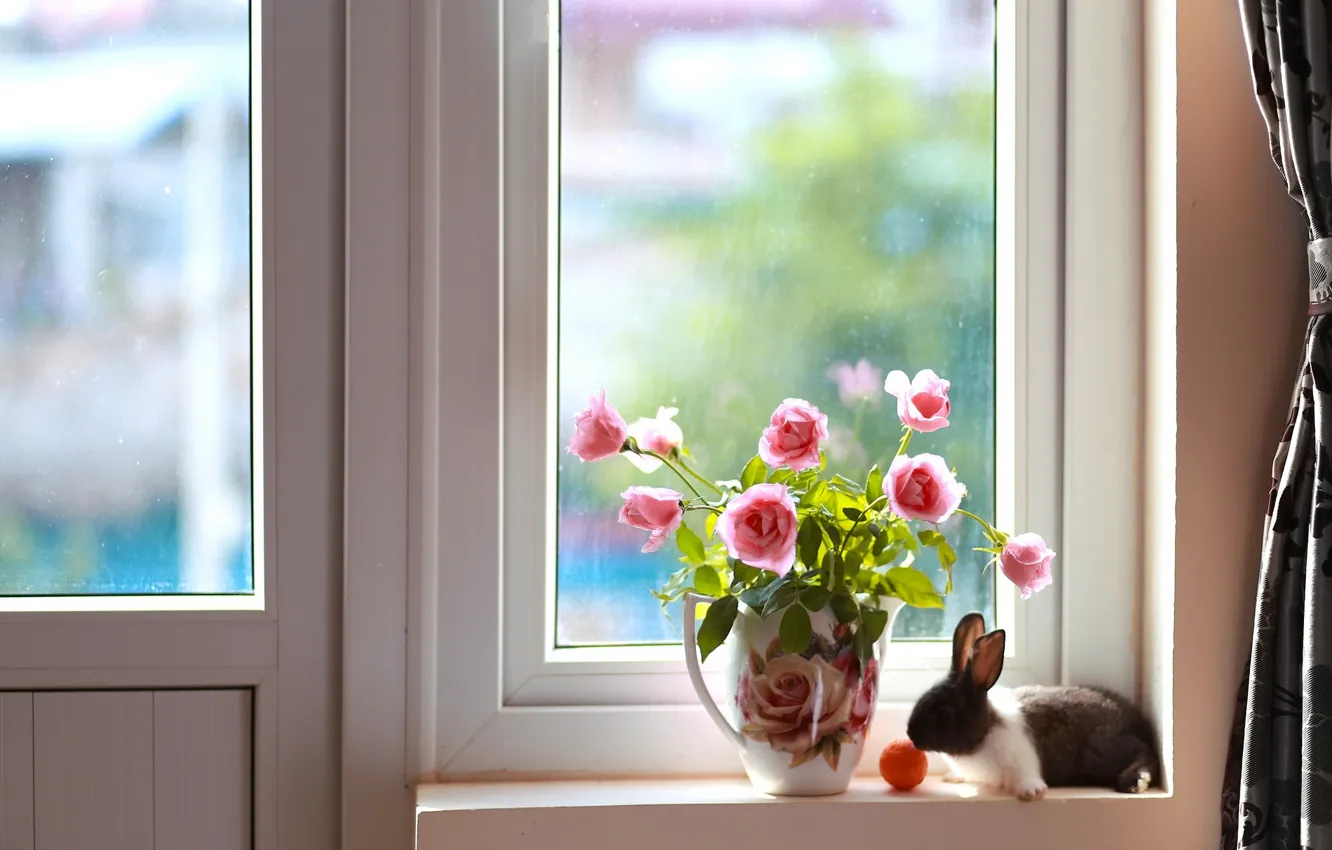 Photo wallpaper roses, bouquet, rabbit, window, pitcher
