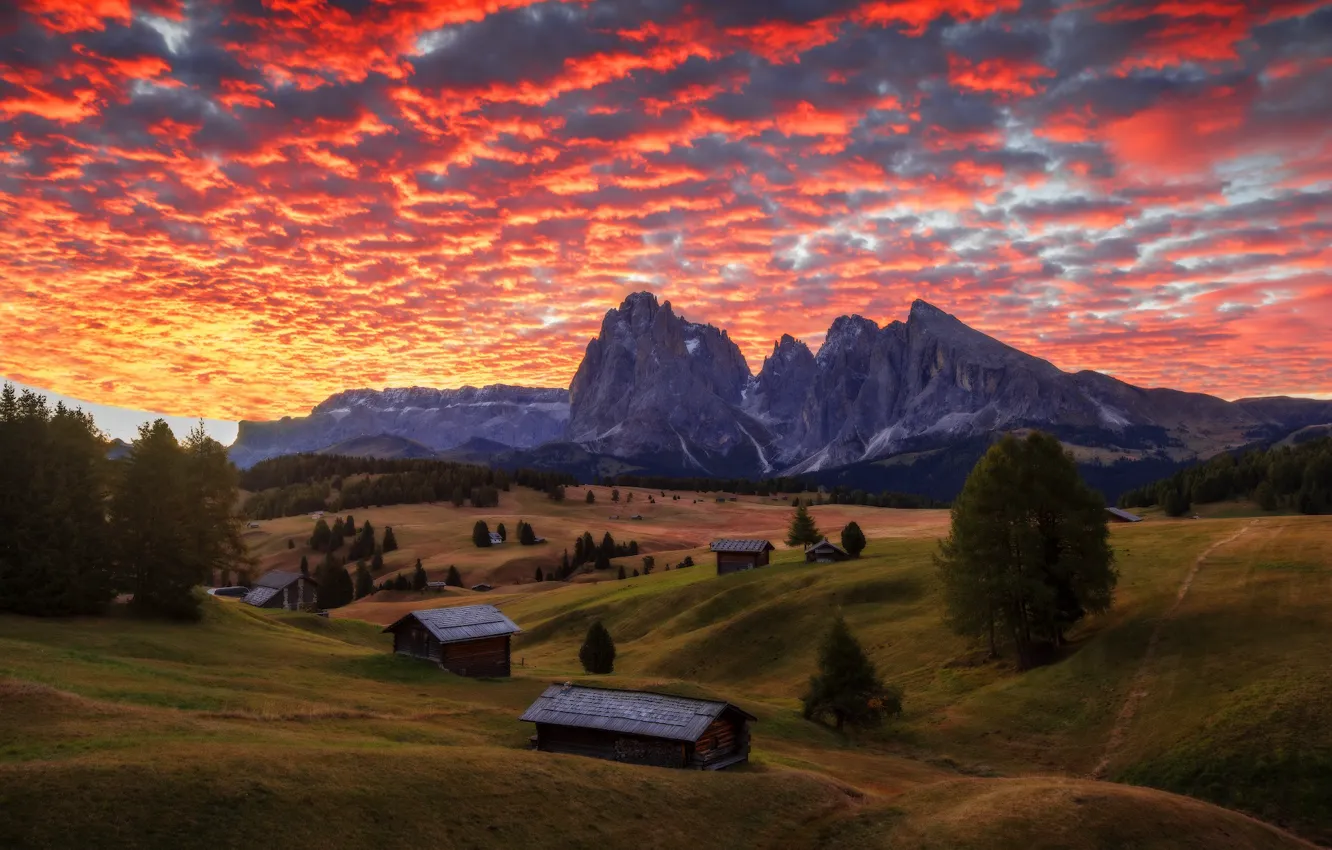 Photo wallpaper landscape, sunset, mountains, nature, home, village, Alps, meadow