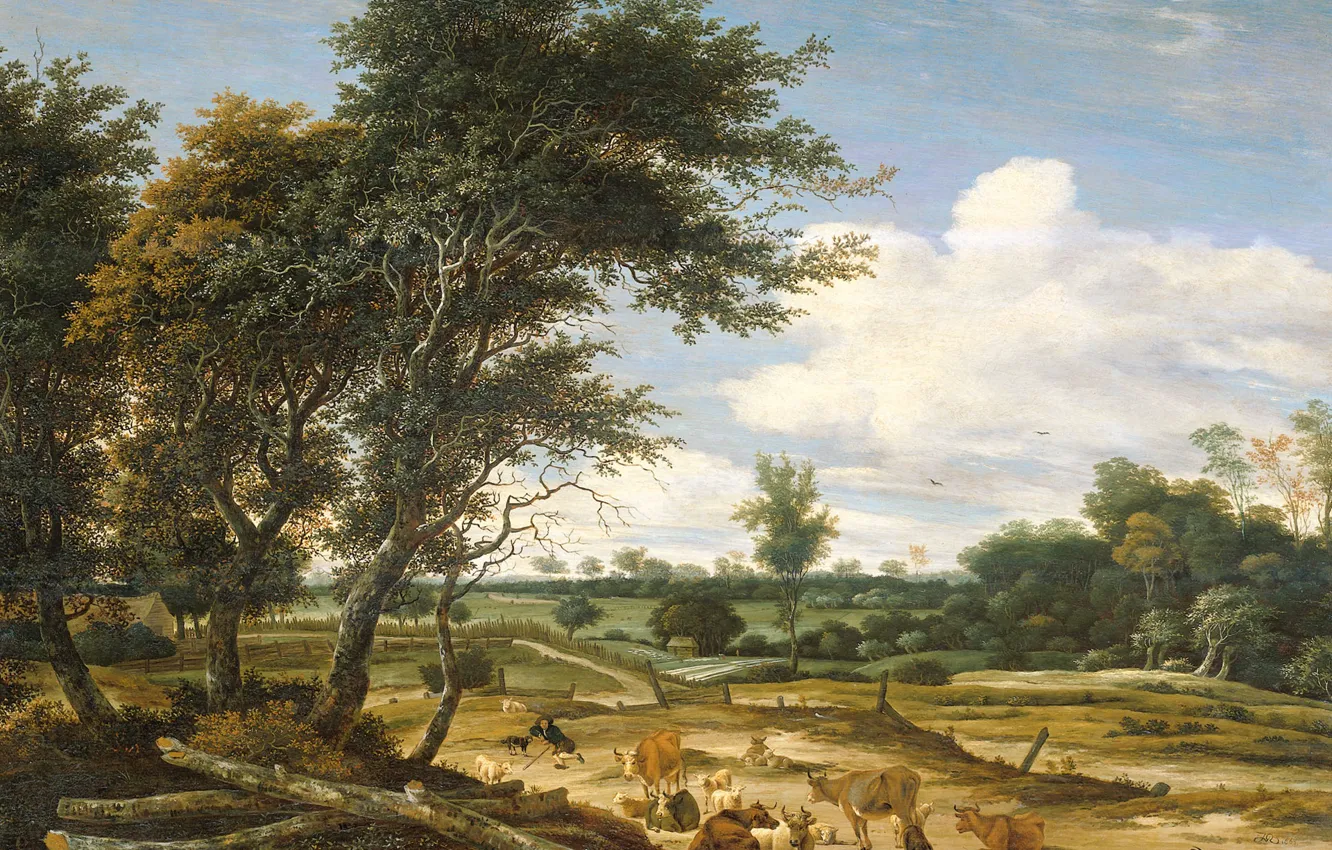 Photo wallpaper tree, oil, picture, Solomon van Ruisdael, Landscape with Shepherd and Cattle