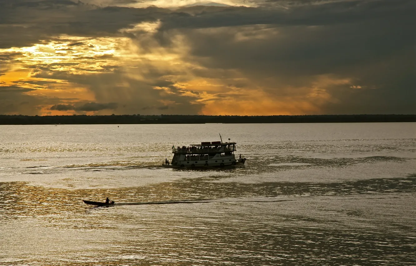 Photo wallpaper sunset, clouds, Brazil, Brasil, boat, Canoe, Amazonas, Rio Negro