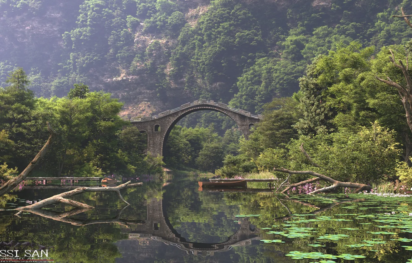 Photo wallpaper bridge, vegetation, pond, the bridge, environment set