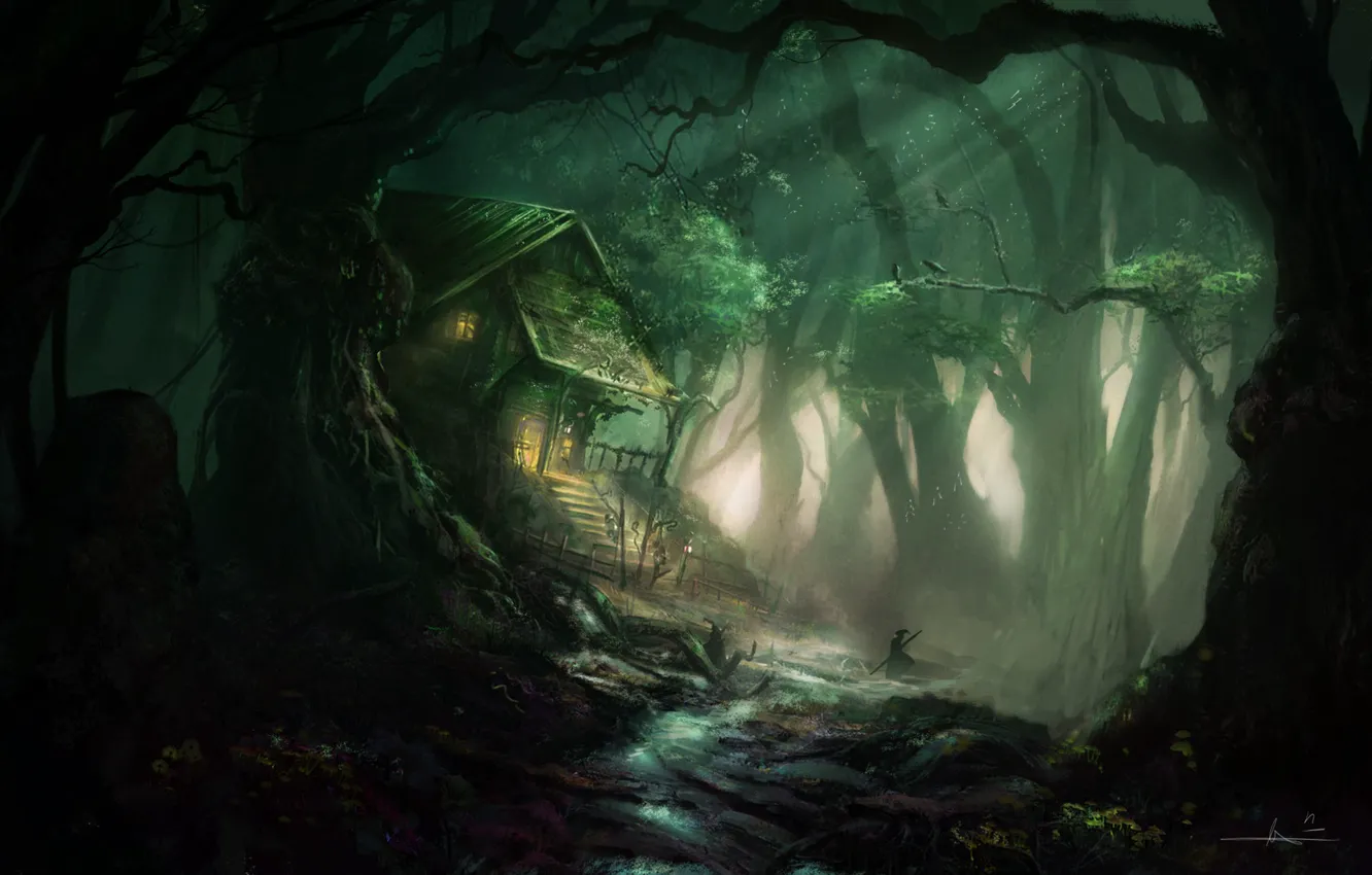 Photo wallpaper forest, house, people, landscape, The Inn of the Mistic Forest