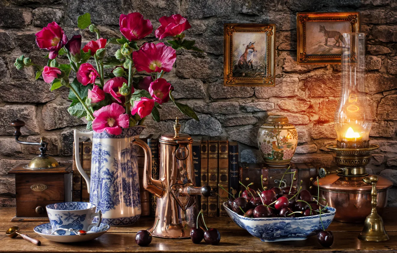 Photo wallpaper flowers, style, berries, wall, books, lamp, Fox, mug