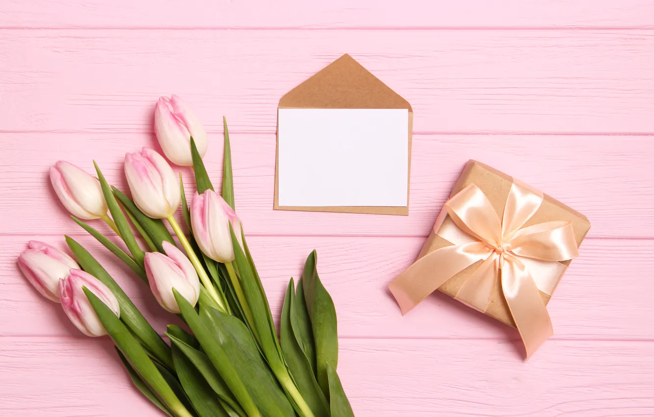 Photo wallpaper flowers, gift, bouquet, tulips, pink, wood, pink, flowers
