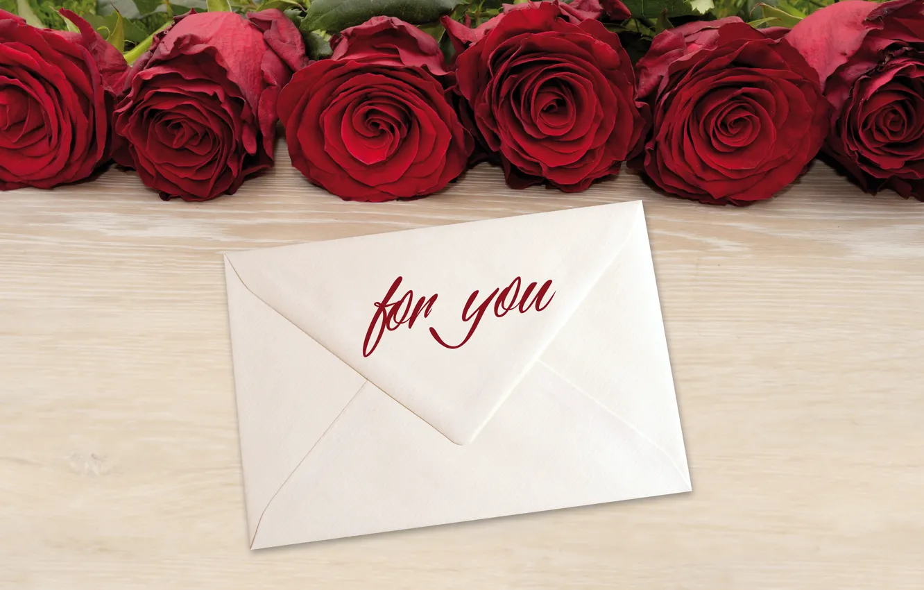 Photo wallpaper love, flowers, red, table, background, holiday, the inscription, roses